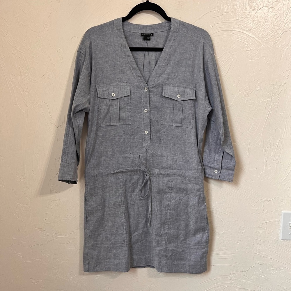 Theory Gray Button-Front Drawstring Shirt Dress